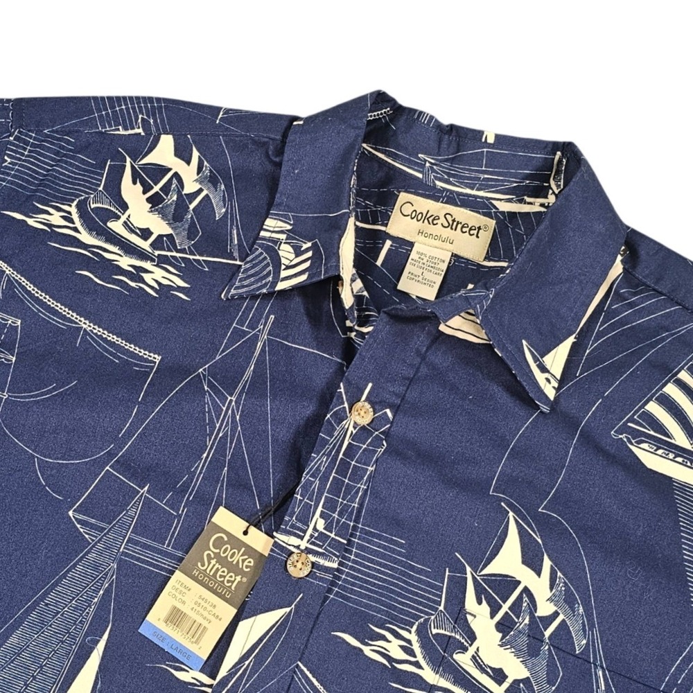 NWT Cooke Street Honolulu Men's‎ L Navy Sailboat Nautical Aloha Hawaiian Shirt